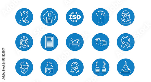 Collection of Blue Circular Certification Icons Showcasing Standards And Compliance.
