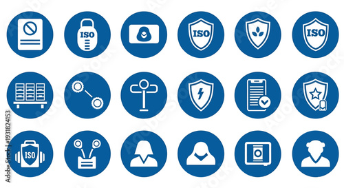 Collection of Blue Circular Icons Representing Business and Security Concepts.