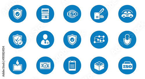 Collection of Blue Circular Icons Representing Business and Technology Concepts.