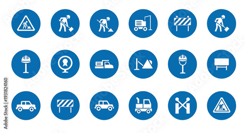 Collection of Blue Circular Icons Representing Road Construction and Safety Signs.