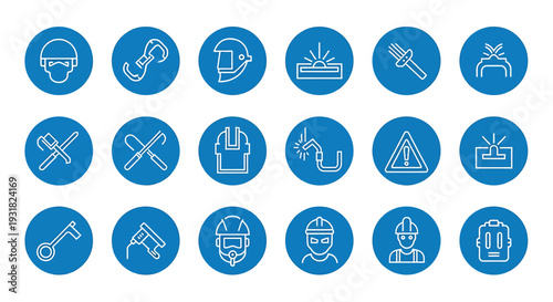 Collection of Blue Circular Icons Representing Safety and Industry Tools.