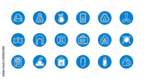 Collection of Blue Circular Icons Representing Various Symbols and Warnings.