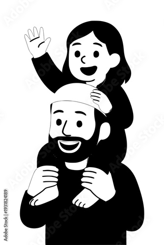 A happy father giving his young daughter a piggyback ride while she waves her hand cheerfully.