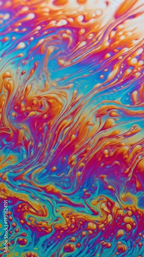 Macro abstract texture of colorful soap film with vibrant orange blue and purple swirls creating a psychedelic fluid art pattern