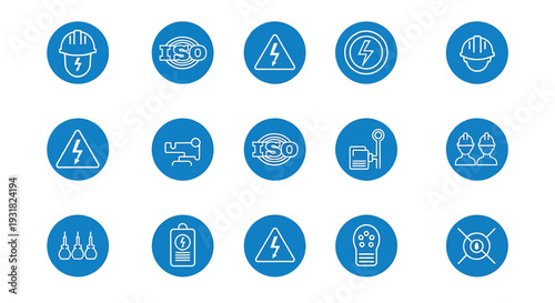 Collection of Blue Circular Safety Warning Icons for Workplace.
