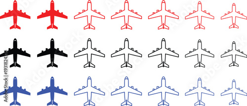 Set of airplane icons in red black and blue colors for aviation and travel design