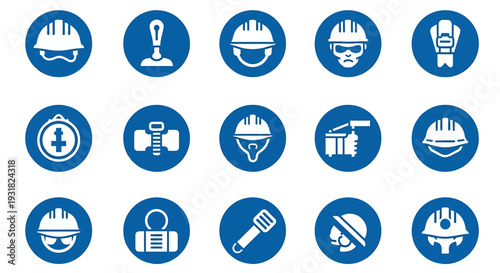 Construction safety icons set with hard hats and gear.