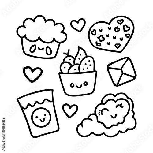 Set of 8 cute kawaii doodle vector elements for Valentine's Day