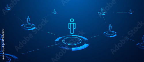 Vector digital network connection with people icons on circular HUD interface. Human resources and teamwork concept.