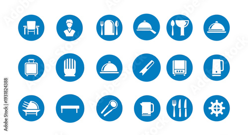 Set of 20 Blue Circular Icons Representing Various Hotel and Hospitality Services.