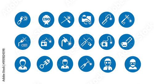 Set of Blue Circular Icons Representing Industrial Tools and Professions.