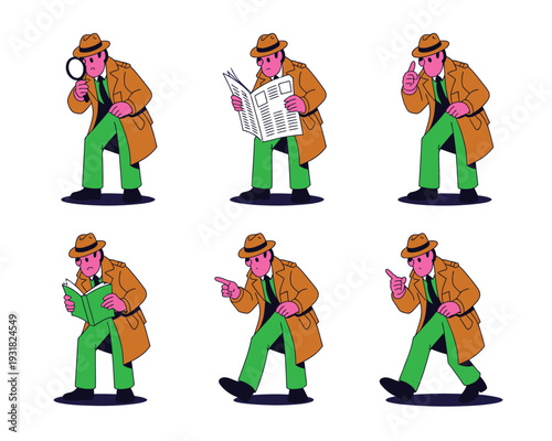 Detective character set displays various actions like searching, reading,.