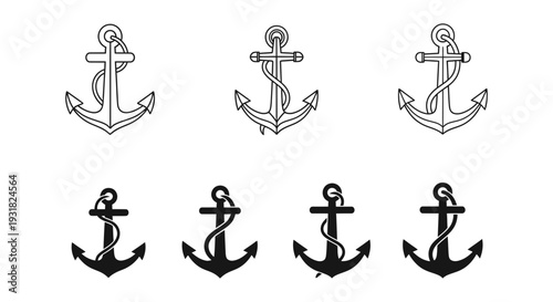 A set of nautical anchor icons in various black and white designs and styles