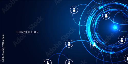 Connection vector concept with people icons orbiting a digital HUD interface. Social media and communication network.