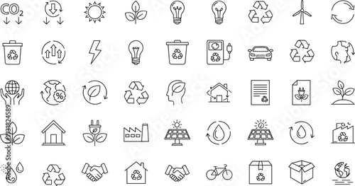 Environmental sustainability icon set with recycling, renewable energy, solar panels, wind turbines, eco packaging, conservation, green living, eco responsibility