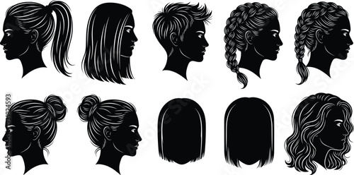 Set of female hair silhouette icons with different hairstyles like ponytail braids bun and waves for beauty salon fashion and branding