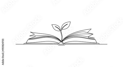 A minimalist line art illustration of an open book with a sprouting plant growing out of it