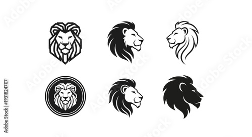 Minimal luxury lion logo silhouette set featuring corporate branding variations including geometric lion head, elegant flowing mane design