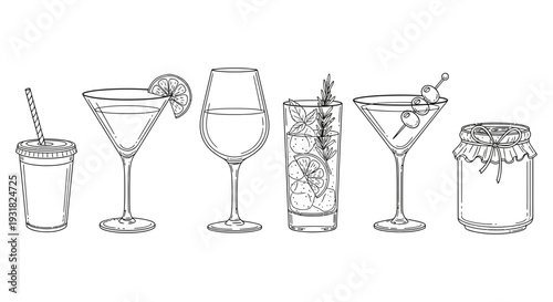 A set of six elegant cocktail glasses and a jar in a minimalist line art illustration