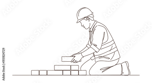 A construction worker building a structure with bricks in a minimalist line art style
