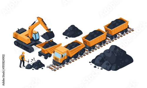 Isometric Coal Mining Operation with Excavator, Dump Truck, and Rail Cars.