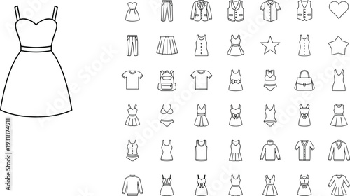 Outline fashion illustration of sleeveless dress with flared skirt, clothing icons grid, apparel design reference, fashion sketch, garment style chart