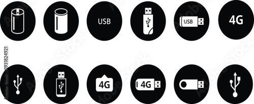 Vector set of technology icons featuring USB flash drive 4G connection and hardware symbols in black circular flat styles for data transfer and mobile connectivity (25 words)