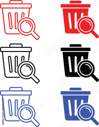 Trash can with magnifying glass icon vector illustration set in different colors
