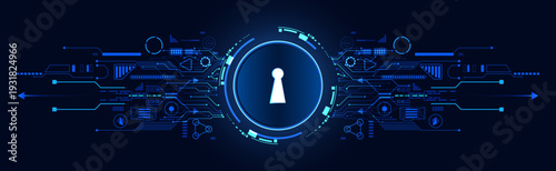 Cyber security vector concept with keyhole icon on digital circuit board background. Data protection and privacy.