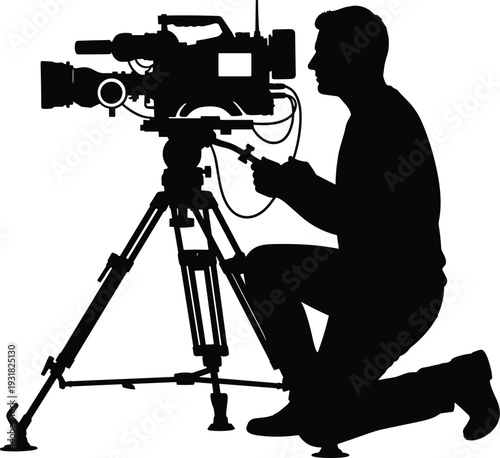 Cameraman operating professional video camera silhouette, cinematographer filming with tripod, media production illustration isolated vector for broadcast and filmmaking design