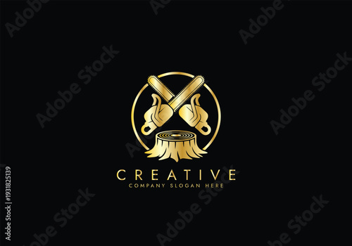 Lumberjack and Chainsaw Cutting  luxury logo, Woodcutting Tree Trunk Logo editable vector Design 
