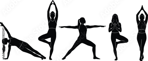 Yoga silhouette icon set with tree pose, warrior pose, side plank, balance, flexibility, meditation, fitness, wellness, exercise, mindfulness