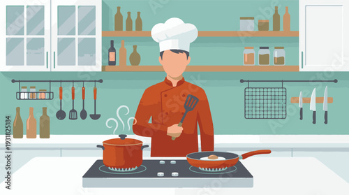 Male chef cooking on a stove with a pot and frying pan in a kitchen