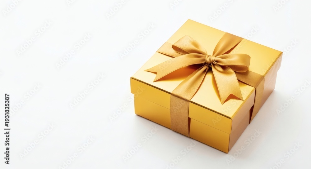 Fototapeta premium An elegant gold gift box adorned with a satin bow, a perfect present.