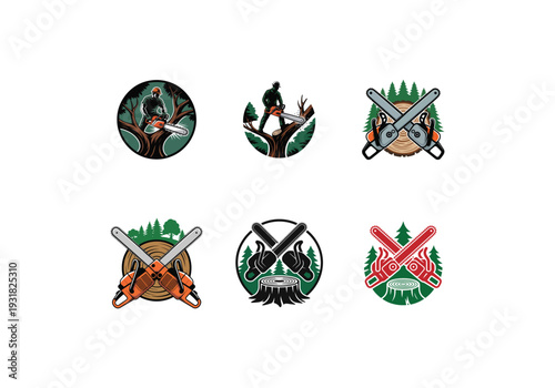Lumberjack and Chainsaw Cutting logo Collection, Woodcutting Tree Trunk Logo editable vector Design 