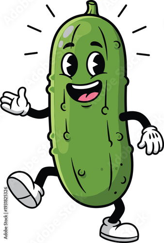 Vintage Cartoon Cucumber Mascot Character with White Gloves and Smiling Face for Healthy Food Branding Vegetable Garden Marketing and Retro Comic Style Design