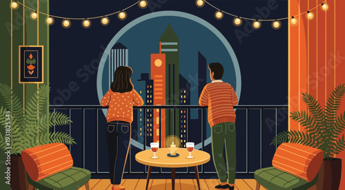 Romantic Couple Enjoying Dinner on City Balcony at Night