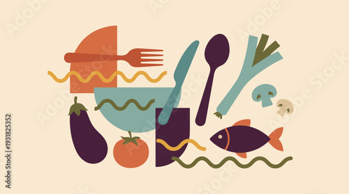 Abstract healthy food ingredients and cooking utensils flat design illustration