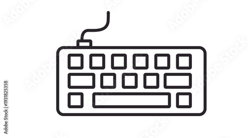Clean black line vector icon of a computer keyboard, representing typing, input devices, office work, programming, and digital communication. Minimalist and modern design ideal for UI/UX interfaces, a