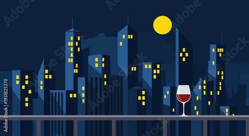 Night City Skyline with Moon and Wine Glass