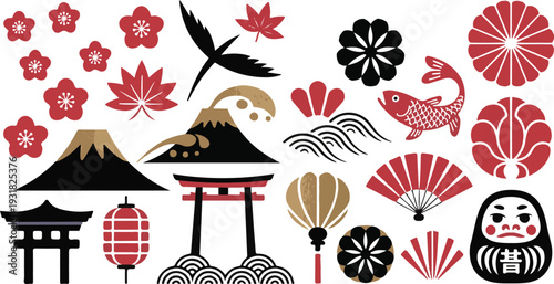Collection of traditional Japanese cultural icons including fans, torii gates, and lanterns, in a flat design style