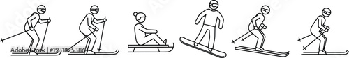 Winter Sports Activity Icon Set Featuring Skiing Snowboarding and Sledding Stick Figures for Mountain Resort Tourism Seasonal Outdoor Recreation and Cold Weather Athletics Design