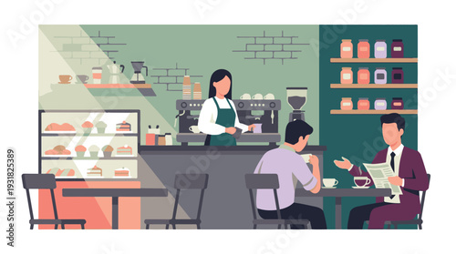 People enjoying coffee and pastries at a modern cafe with a barista serving