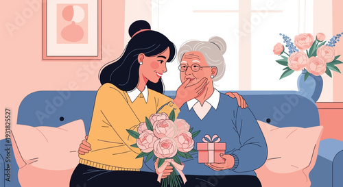 A young woman and her grandmother share a loving moment with gifts