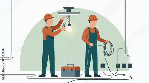 Professional electricians installing wiring, light fixture, and power outlets