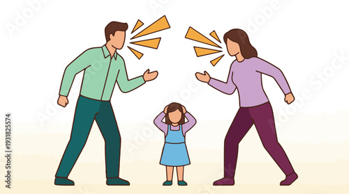 Distressed child caught between arguing parents, symbolizing family conflict