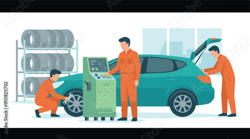 Car repair service illustration with mechanics and diagnostic equipment
