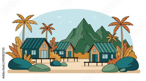 Flat design illustration of a tropical village with stilt houses and mountains