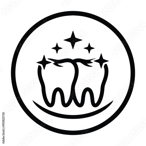 Sparkling white tooth illustration with stars in circular frame