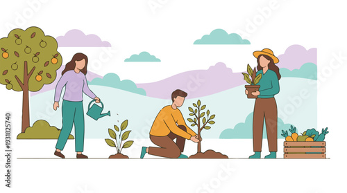 People planting trees, watering plants, and harvesting in a garden